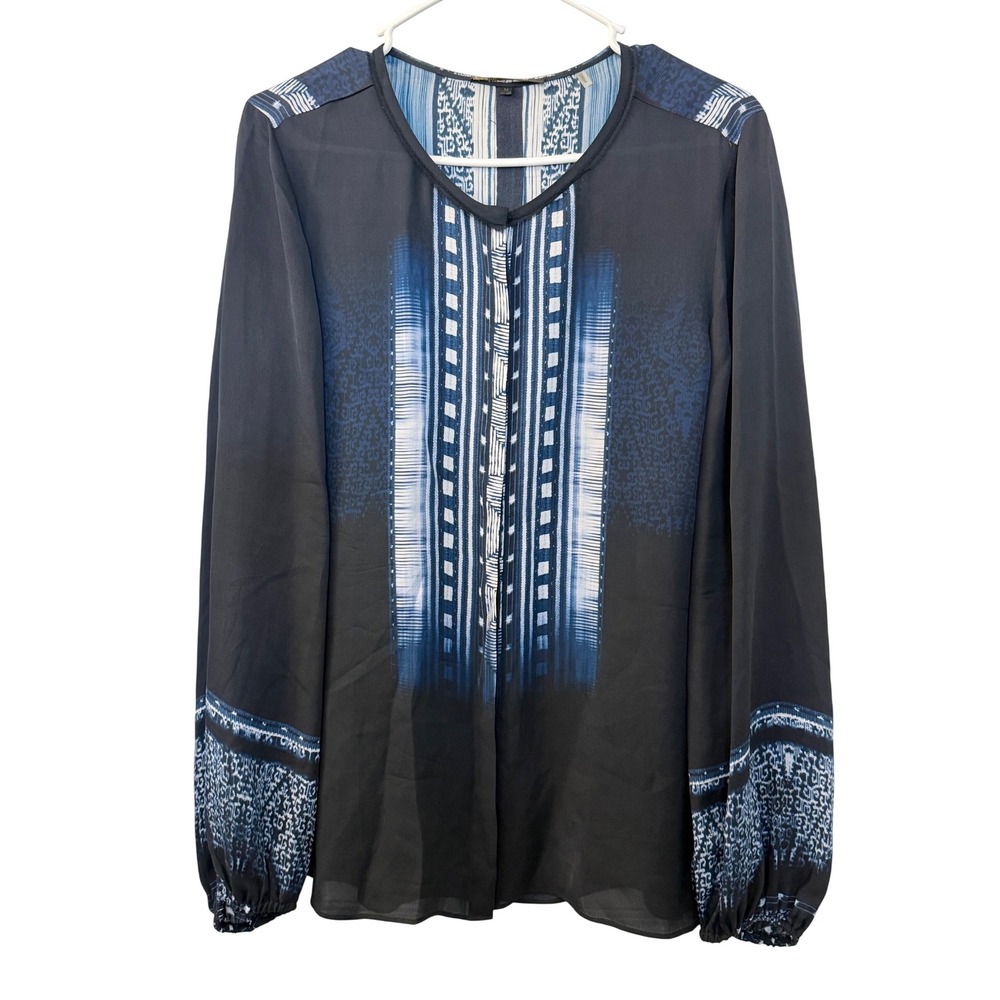 Kobi Halperin Womens Black Blue White 100% Silk Geometric Print Blouse Size M